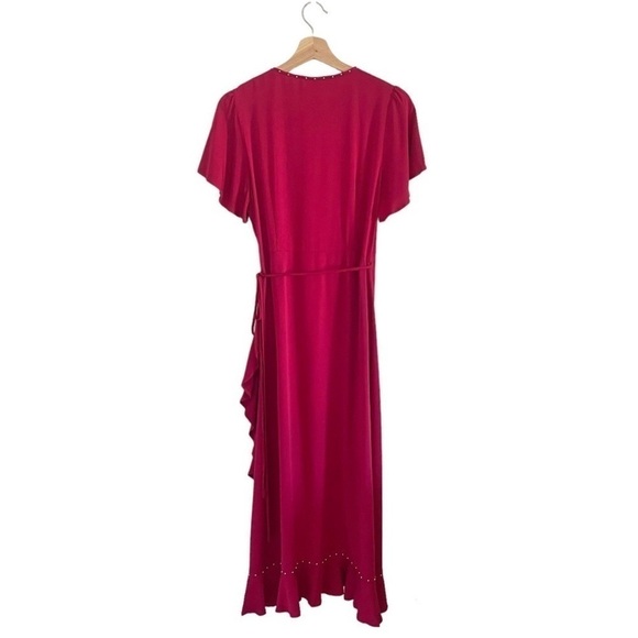 LOYD/FORD Flutter Sleeve Studded Ruffle Midi Wrap Dress Raspberry Red 0 / XS - Picture 5 of 14
